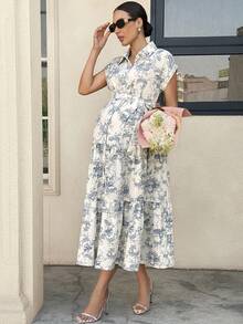 MaterniWear 孕妇度假风印花蝙蝠袖层叠下摆系带连衣裙，夏季 - 藍色 - 查看 10