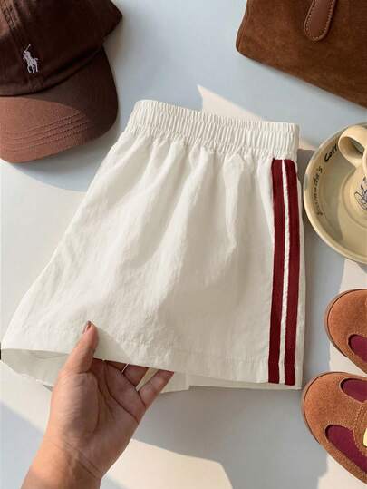 Comfortcana Women's Elastic Waist Striped Loose Shorts, Suitable For Spring, Summer, Christmas, New Year, Casual Outdoor Sports, Y2K Apricot Shorts