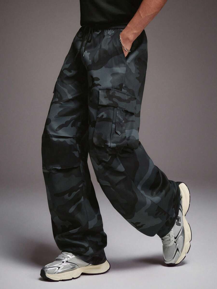 STYNVO 男士休闲迷彩印花斜插口袋工装裤 - 黑色 - 查看 1