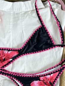 Elavelle Bikini Wanita Motif Potongan Tinggi dengan Tali Bahu Tipis yang Dapat Diatur, Terbuat dari Kain Aneka Warna, Cocok untuk Liburan Musim Panas - MultiWarna - View 5