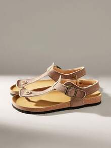 Solecia Sandalias planas de dedo casual para mujer, de unicolor, para primavera y verano, ideales para vacaciones de primavera y Pascua - Terciopelo marrón oscuro - Ver 6