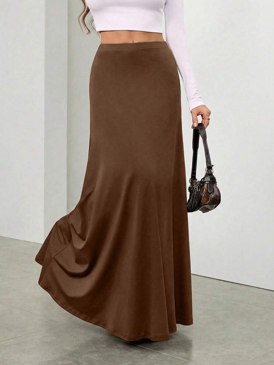 SHEIN Tall 女款彈性腰棕色冬季優雅辦公長款A字裙,女士休閒不對稱長裙,常規版型素色自然黑,春夏/秋季,高個女性適用 - 棕色 - 查看 1