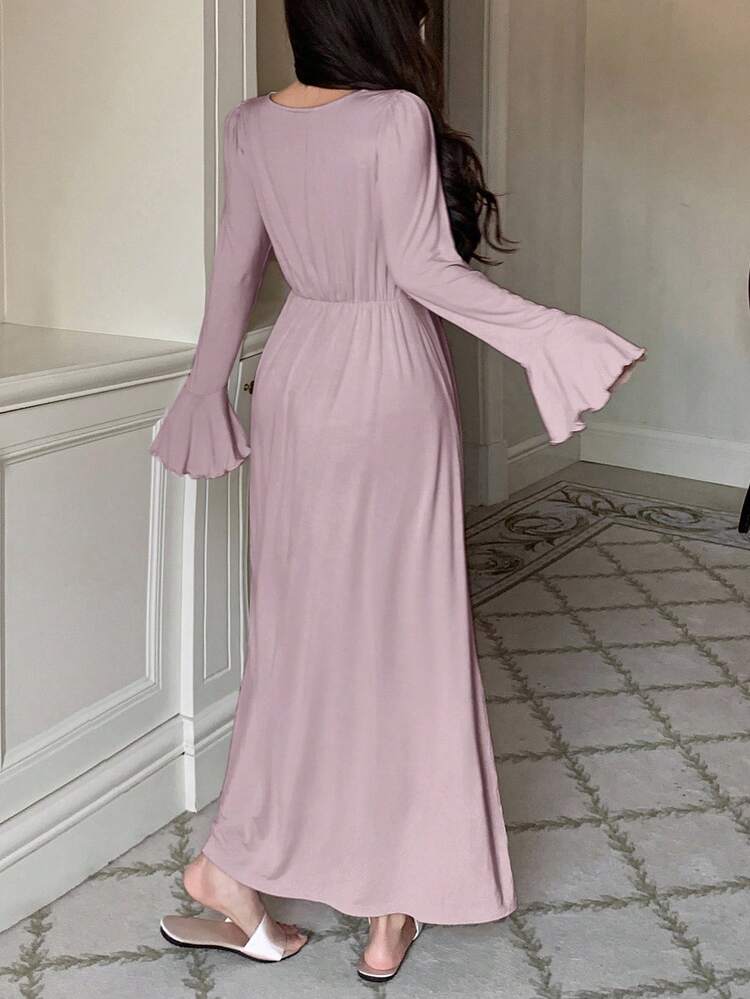 Romantic Ruched Design Floral Trim Waist Cinching Flounce Sleeve Dress, Spring Women Nightgown