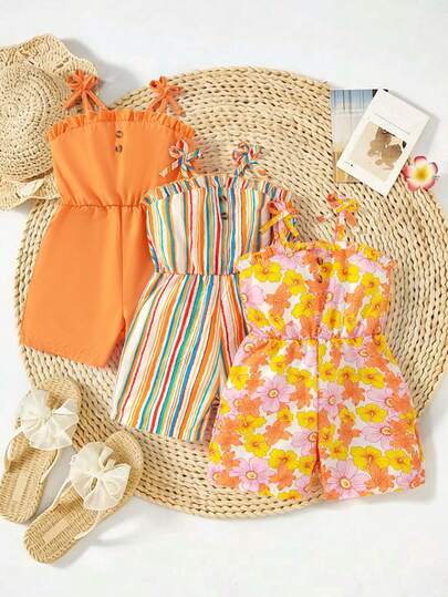 SHEIN Bộ 3 món áo liền quần cho bé gái, kiểu dáng thường ngày, dễ thương, họa tiết hoa, kẻ sọc và màu trơn, phù hợp cho gia đình đông con, đi biển, vui chơi ngoài trời và đi học.
