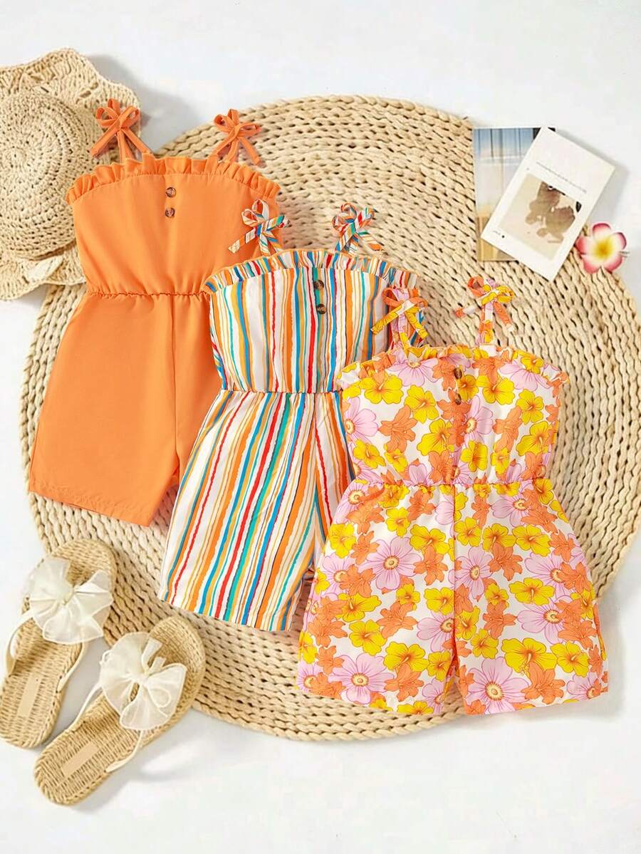 SHEIN 3 peças/Conjunto Macacão Casual de Férias Fofo com Estampa Floral, Listrada e Cor Sólida, Adequado para Famílias com Várias Crianças, Férias na Praia, Brincadeiras ao Ar Livre e Escola - Amarelo - Visão 1