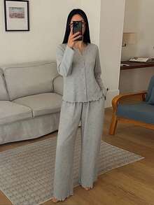 女士两件套睡衣套装，包括领结、碎花针织开衫和直筒长裤，春季睡衣 - 灰色 - 查看 4
