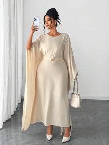 Elenzga Plus Size Women's White Autumn Modest Crinkle Elegant Office Middle Eastern Round Neck Cinched Waist Batwing Sleeve Abaya Maxi Dress - Apricot - View 6