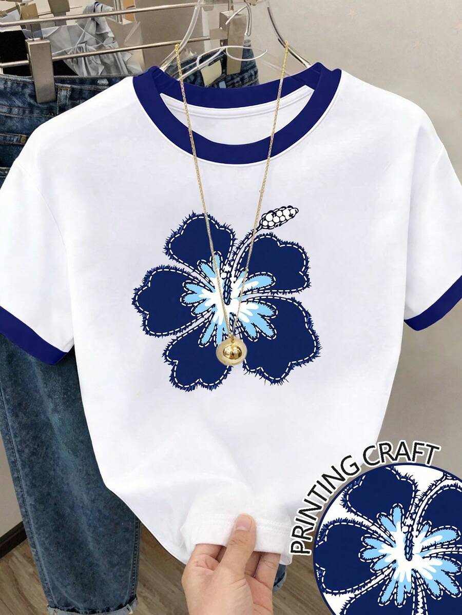 INAWLY 女士印花圆领短袖休闲百搭T恤 - 白色 - 查看 1