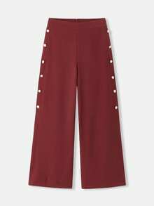 lacRébo Pantalon large taille haute bordeaux avec boutons dorés sur les côtés et fentes réglables, pantalon chic de bureau décontracté pour l'automne-hiver - Tabac - Voir 8