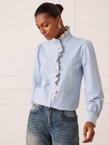 Lilora 女士复古优雅条纹印花刺绣花卉灯笼袖衬衫，适合春秋季穿着 - 藍白色 - 查看 6