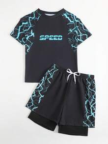 2pcs/Set Teenage Boys' Lightning Print Elastic Quick-Dry Comfortable Knit Fabric Short Sleeve Top + Woven Fabric Beach Shorts, Suitable For Teenagers (Boys) Swimwear, Beach, Pool, Seaside, Surfing, Vacation, Summer, Travel Junior Surf Swimwear Boys Swim Trunk Rash Guard Teen Boy Beach Wear Short Sleeve Swimsuit With Shorts Boys Athletic Set Boy Swim Sets Boys Rash Guard Set Boys Graphic 2 Piece Shorts Set Lightning Print Swimwear Boy Short Set - Black - View 5