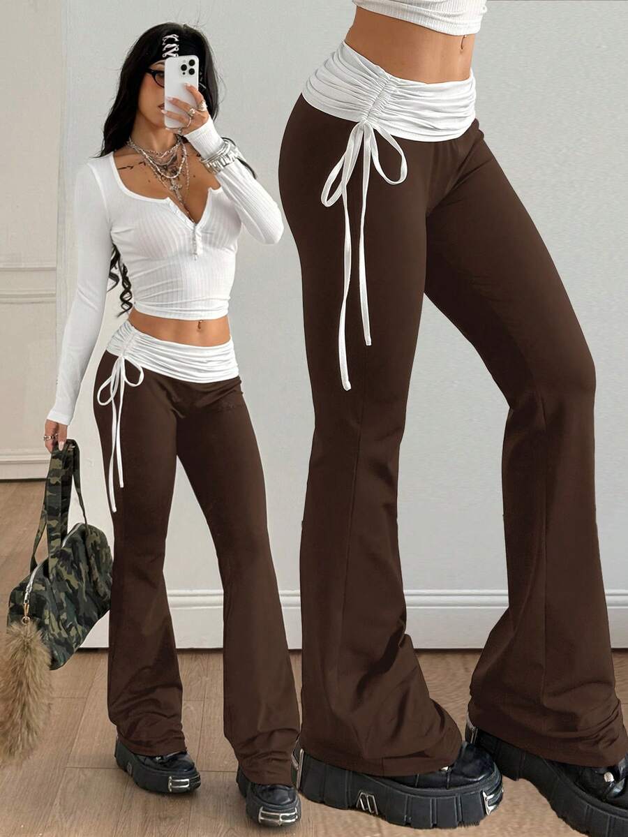 Coolane Pantalones acampanados de mujer con cordón lateral negro vintage Y2K, versátiles para uso urbano - Café integral - Ver 1