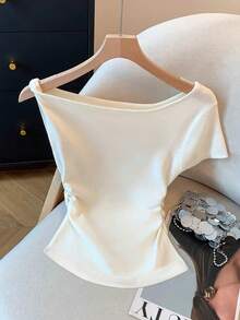 Resyla 女士休闲基础款白色不对称肩部修身腰部褶皱T恤 - 白色 - 查看 2