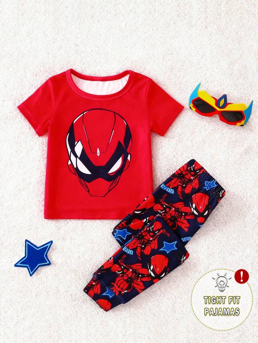 1 Set Baby Boy Tight Fit Pajamas, Spring/Autumn Spider & Superhero Print Round Neck Short Sleeve Pants Sleepwear Set - Blue - View 1