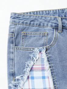 ROMWE MEN Street Life Men's Patchwork Five-Pointed Star Frayed Plaid Loose Casual Denim Shorts - Blue - View 6