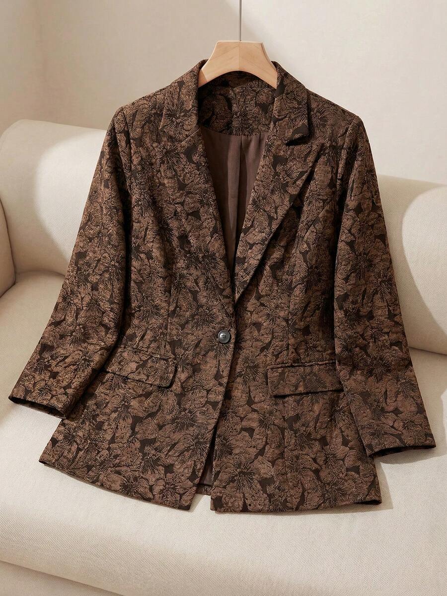 SHEIN Clasi 大码女式花卉提花长袖单扣优雅西装外套，适合办公室穿着，春假工作上衣，优雅棕色西装外套，秋季款 - 棕色 - 查看 1