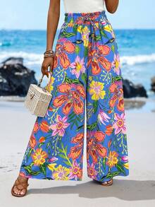 Sylviya 女士抽绳腰带印花休闲百搭长裤，适合度假穿着 - 彩色 - 查看 5