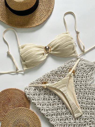 Swim Chiccia 2 piezas Conjunto de bikini de top bandeau con tirantes finos y decoración de círculo dorado, y tanga para vacaciones de verano de mujer