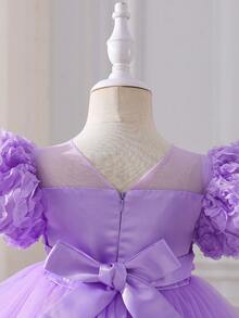 Glamorique Kids Glamorique 四季女婴花童派对礼服，C字甜美连衣裙，薰衣草花簇蓬松薄纱裙摆，雾紫色花簇多层薄纱连衣裙，甜美紫色公主裙，紫色花朵装饰泡泡袖，复活节公主裙，女婴派对礼服，薰衣草色女婴连衣裙，女婴连衣裙，公主裙，幼儿连衣裙，女婴派对礼服，女婴派对礼服，女婴婚礼礼服 - 紫色 - 查看 3