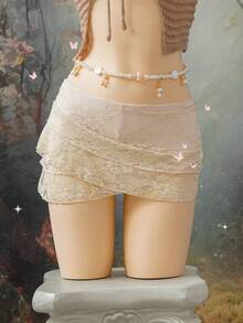 EgrlEra Women's Fashionable Beige Multi-Layered Criss-Cross Lace Skirt - Beige - View 1