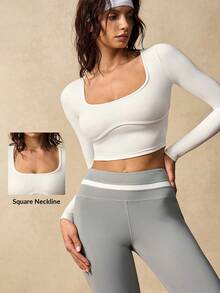 VARSIVA Áo thun thể thao tay dài cổ vuông màu trơn dáng ngắn - trắng - Xem 10