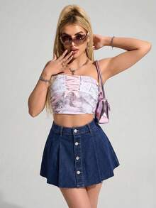 SHEIN ICON 女士高腰单排扣褶裥休闲牛仔迷你裙 - 深色水洗藍 - 查看 3