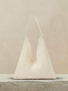 SHECARRY 女士单肩包、流浪包、草编包、流苏草编包，时尚、优雅、简约、个性化、百搭，适合海滩、度假、假日、夏季、海边、沙滩派对 - 米白色1 - 查看 2