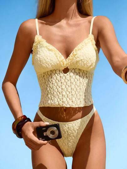 Swim Mod Débardeur bikini décontracté pour femmes à motif floral jacquard beige et abricot, style rétro mignon et doux pour les vacances à la plage