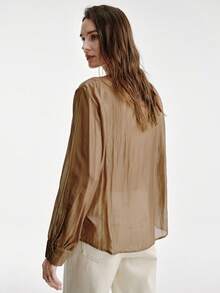 Aveloria Modichic 新款咖啡色花卉纹理刺绣圆领宽松休闲长袖衬衫，适合日常通勤、艺术展览、朋友聚会、下午茶、休闲郊游等场合。 - 棕色 - 查看 2