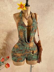 Soleia Trang phục dự tiệc cưới phong cách miền Tây thường ngày, trang phục tốt nghiệp, tiệc brunch, trang phục nữ ngày lễ Thánh Patrick, kỳ nghỉ xuân, lễ Phục sinh, lễ hội âm nhạc, bộ jumpsuit thanh lịch phong cách Bohemian nhiệt đới, cổ yếm hở lưng, đính hạt kim loại, chất liệu dệt kim loại. - Nhiều màu - Xem 3