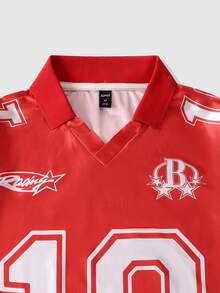 ROMWE MEN Prep 男士休闲时尚街头数字字母印花条纹撞色V领短袖Polo衫，夏季 - 紅色 - 查看 3