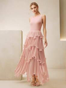 Anewsta Summer Vacation Versatile All-Match Knit Camisole Spliced Layered Ruffle Hem Dress, Elegant Long Dress For Women, Pink - Pink - View 3