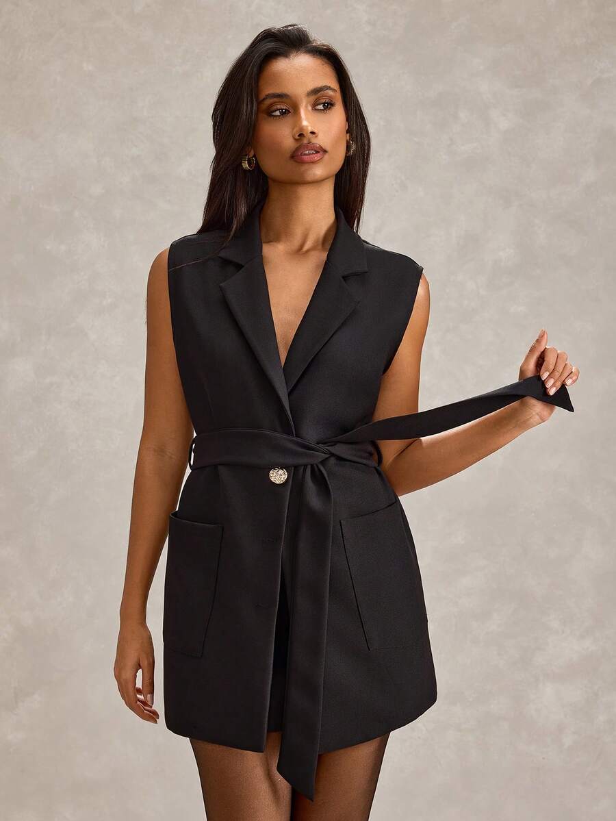 SHEIN Cottnline Blazers de ajuste regular de unicolor para mujer - Negro - Ver 1
