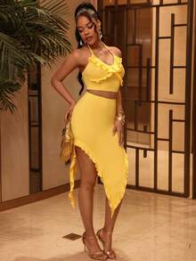 Lureya Women's Summer Spaghetti Strap Tank Top And Skirt 2 Piece Set, Scoop Neck Ruffle Trim Cropped Tank Top With Split Hem Skirt - Yellow - View 6