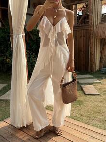 Livesso Spring & Summer Mid-Length Cardigan, White Spaghetti Strap Dress, Casual Vacation Beach Chiffon Blouse With Ruffle Hem, Elegant Office Wear Sleeveless Tank Top For Women - White - View 7