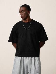 STYNVO 男士休闲时尚街头通勤字母刺绣落肩宽松T恤，夏季 - 黑色 - 查看 2