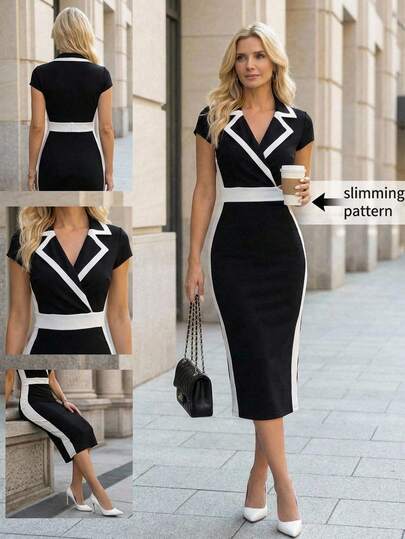 Editum Women's New Elegant Notched Collar Waist Cinched Colorblock Bodycon Dress, Suitable For Daily Wear In Multiple Occasions Elegant Office Siren Old Money Clean Fit Tailored Work Wear Gift For Mom A-Line Festival Outfit Beach Date Night ,Summer Dress,Elegant Dress