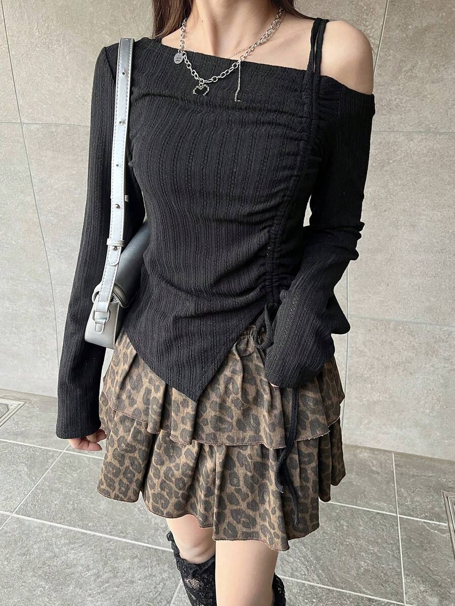 FRIFUL 女士纯黑色抽绳蝴蝶结罗纹面料修身百搭T恤 - 黑色 - 查看 1