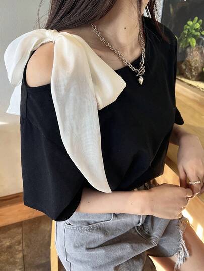 FRIFUL Áo thun nữ tay ngắn phối màu dáng rộng, thoải mái, thắt nơ, thích hợp cho mùa xuân/hè.