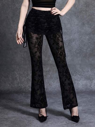 Glisette Pantalones largos sexy de malla con flocado para mujer, primavera/verano