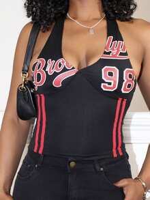 Steph T Streetwear Women's Fashion Color Block "98" Letter Print Deep V-Neck Halter Tank Top - Black - View 3