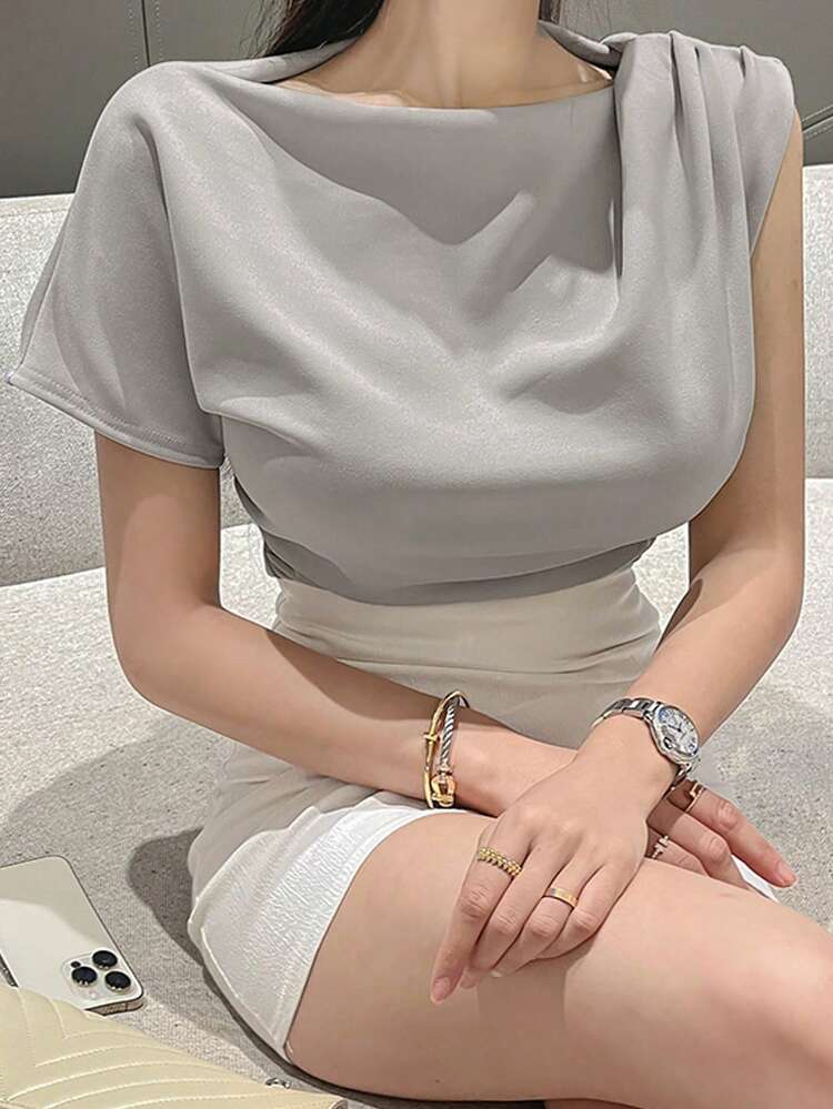 Women's Solid Color Asymmetrical Shoulder Short Sleeve Cropped T-Shirt, Summer