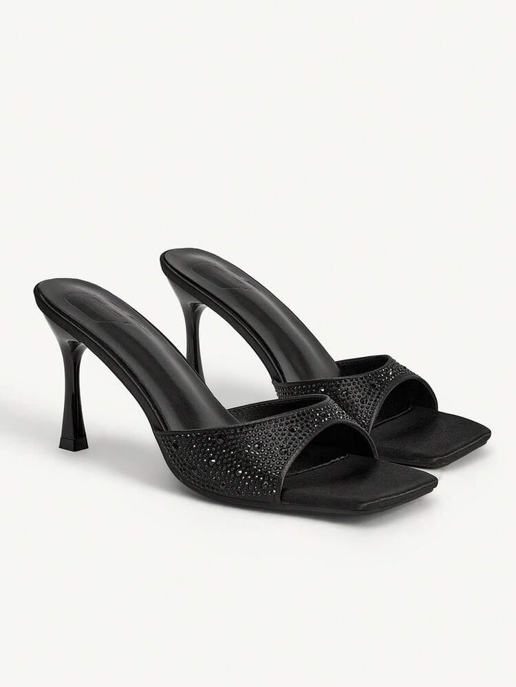 CUCCOO HITCHD New Black Thin Heel Square Toe Diamond Fashion Versatile Women's High Heel Shoes Wedding Shoes Summer Shoes Bride Shoes