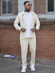 Devon Thys 2pcs Men's Casual Solid Color Shirt With Dual Pockets & Collar + Pants Set, Lightweight Sporty Vacation Outfit, Spring/Autumn - Khaki - View 4