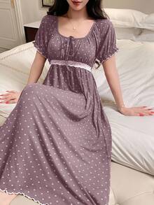 DAZY French Floral Ruched Tie-Up Lace Patchwork Waist Maxi Nightgown, Women Sleepwear Dress - Mauve Purple - View 6
