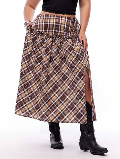Solavibe Plus Size Women Casual Plaid Slit Hem Skirt,Vacation,Vacation Style,Plaid Printed Ruffle Hem Maxi Women Skirt,Brown Skirt,Casual Skirt For Women,Summer Outfits For Women