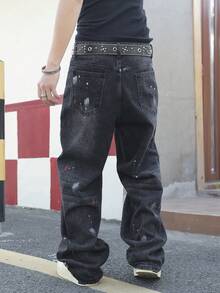 Manfinity EMRG Men's Black Distressed Denim Wide Leg Jeans, Casual Street Style - Black - View 2