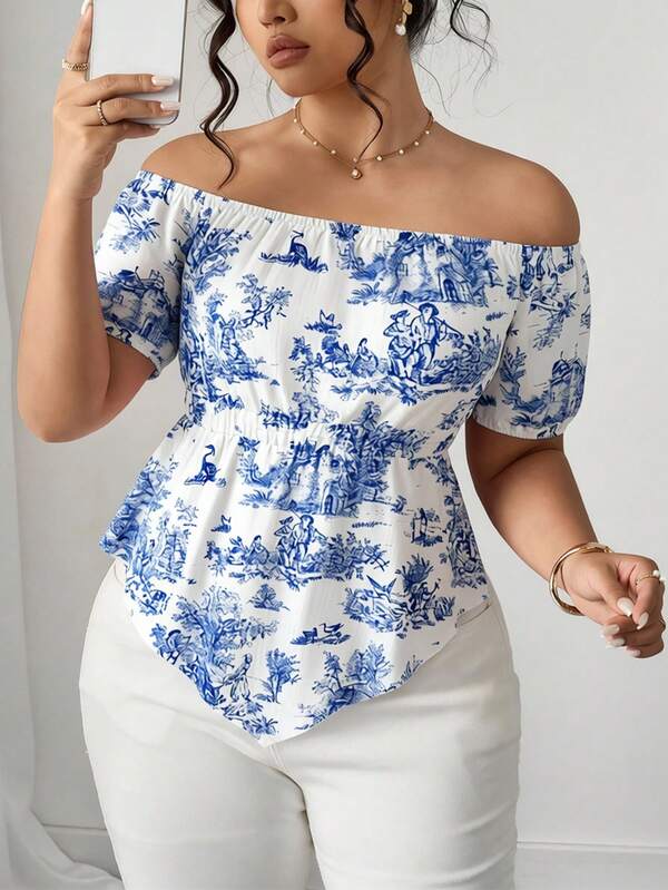 INAWLY 大码女式露肩蓝白瓷纹印花衬衫，花瓣袖高腰不对称下摆休闲上衣