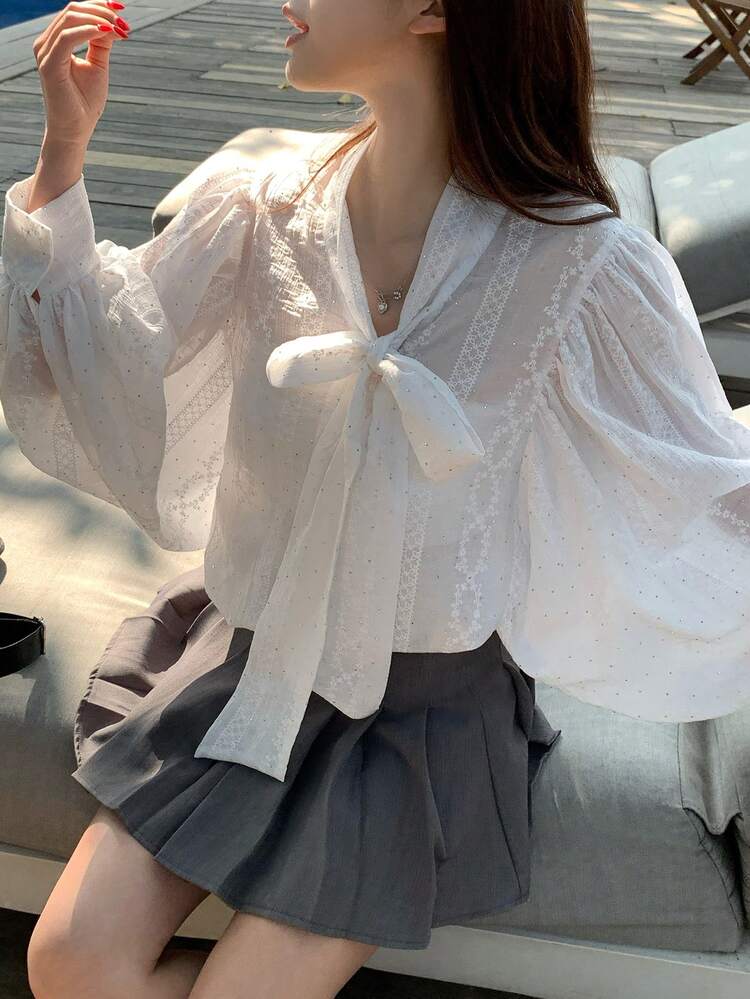 Women's Elegant Commuter Rhinestone Embroidered Collar Tie Front T-Shirt