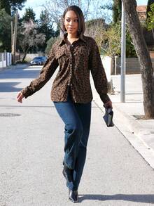 Yess Loren 女式秋季豹纹纽扣前领长袖宽松外套，休闲日常穿着 - 棕色 - 查看 5